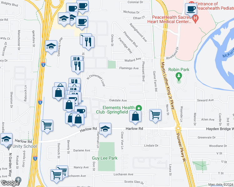 map of restaurants, bars, coffee shops, grocery stores, and more near 658 Oakdale Avenue in Springfield