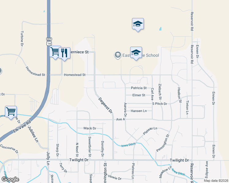 map of restaurants, bars, coffee shops, grocery stores, and more near 4715 Patricia Street in Rapid City