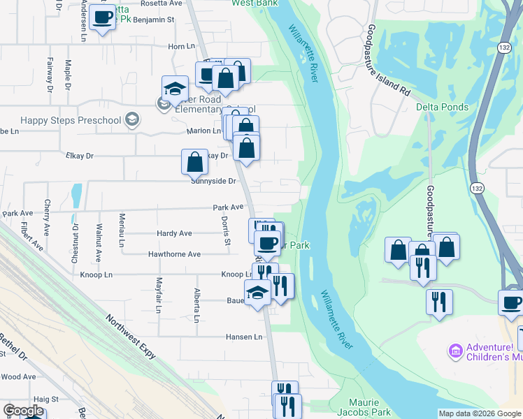 map of restaurants, bars, coffee shops, grocery stores, and more near 769 River Road in Eugene