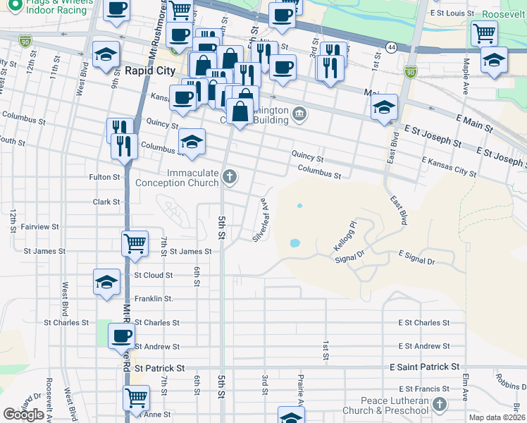 map of restaurants, bars, coffee shops, grocery stores, and more near 1001 Silverleaf Avenue in Rapid City