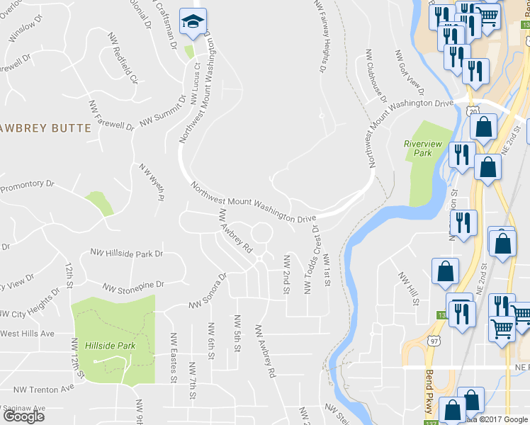 map of restaurants, bars, coffee shops, grocery stores, and more near 4995 Northwest Mount Washington Drive in Bend