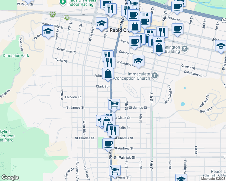 map of restaurants, bars, coffee shops, grocery stores, and more near 725 Clark Street in Rapid City