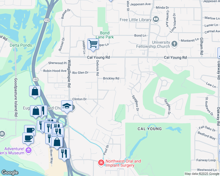 map of restaurants, bars, coffee shops, grocery stores, and more near 1261 Crenshaw Road in Eugene