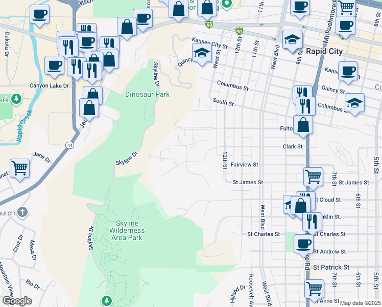 map of restaurants, bars, coffee shops, grocery stores, and more near 1200 Clark Street in Rapid City