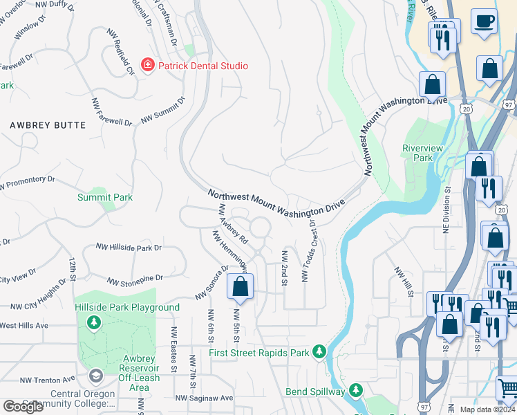 map of restaurants, bars, coffee shops, grocery stores, and more near 4995 Northwest Mount Washington Drive in Bend