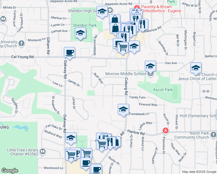 map of restaurants, bars, coffee shops, grocery stores, and more near 2520 Forrester Way in Eugene