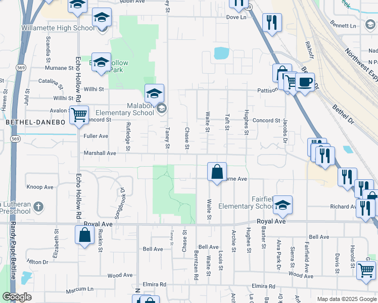 map of restaurants, bars, coffee shops, grocery stores, and more near 3855 Marshall Avenue in Eugene