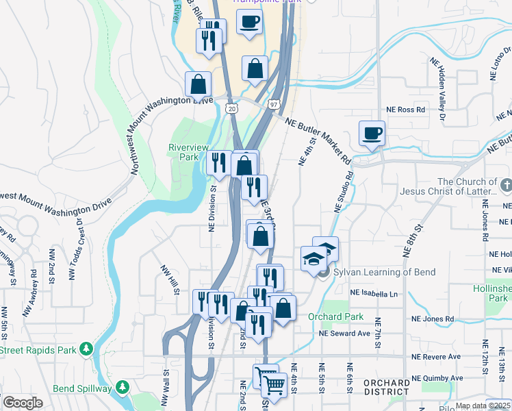 map of restaurants, bars, coffee shops, grocery stores, and more near 172 Northeast Yale Avenue in Bend