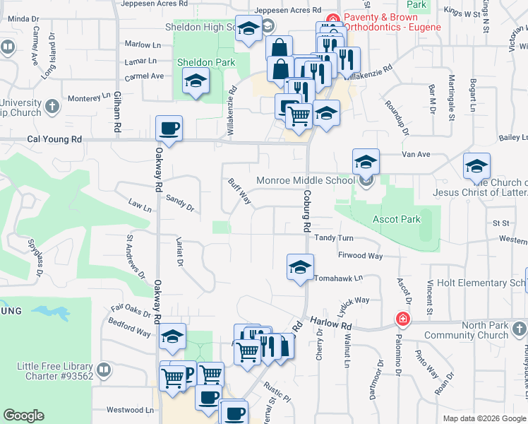 map of restaurants, bars, coffee shops, grocery stores, and more near 2520 Forrester Way in Eugene