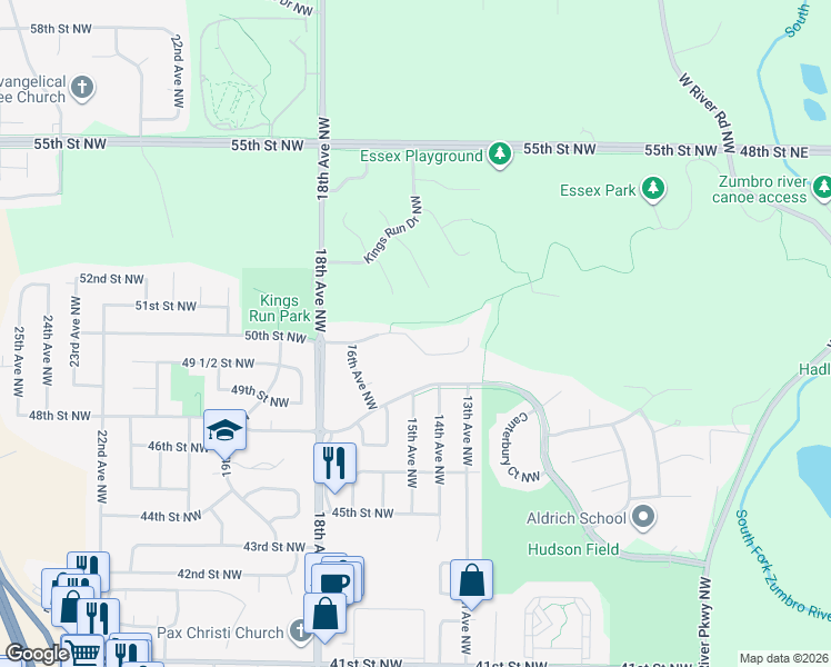 map of restaurants, bars, coffee shops, grocery stores, and more near 1439 50th Street Northwest in Rochester
