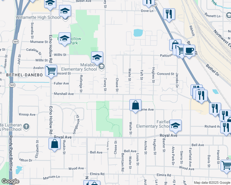 map of restaurants, bars, coffee shops, grocery stores, and more near 3855 Marshall Avenue in Eugene