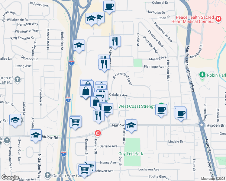 map of restaurants, bars, coffee shops, grocery stores, and more near 990 North Cloverleaf Loop in Springfield