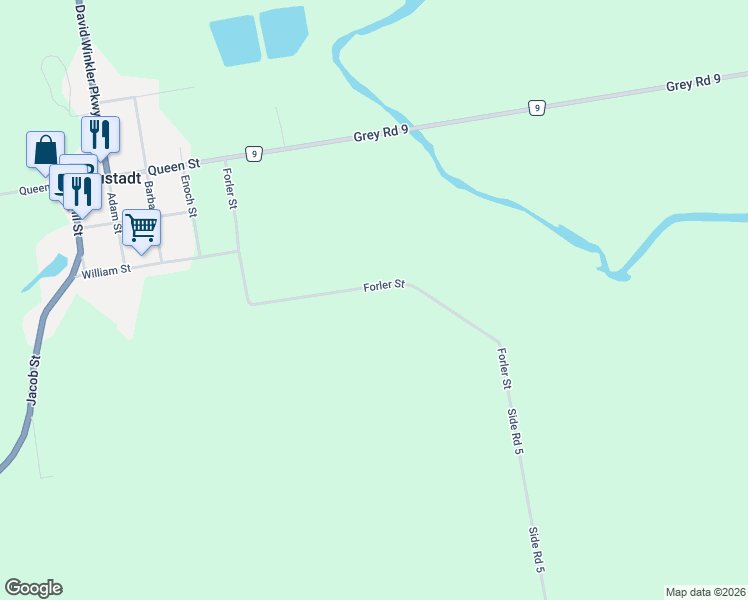 map of restaurants, bars, coffee shops, grocery stores, and more near 238 Forler Street in Neustadt