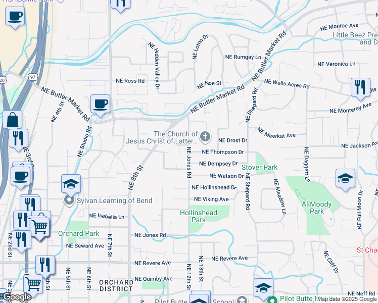 map of restaurants, bars, coffee shops, grocery stores, and more near 2672 Northeast Jones Road in Bend