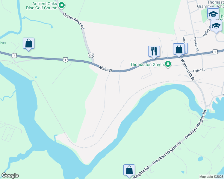 map of restaurants, bars, coffee shops, grocery stores, and more near Two Fox Farm Drive in Thomaston