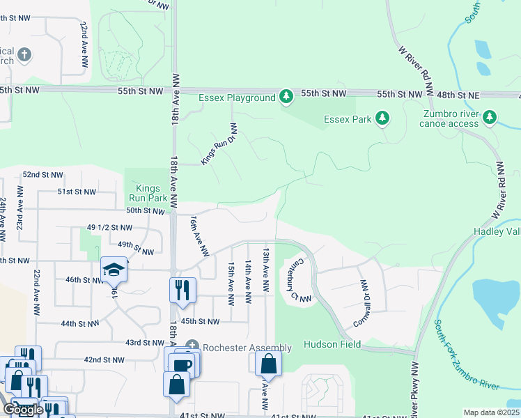 map of restaurants, bars, coffee shops, grocery stores, and more near 1309 50th Street Northwest in Rochester