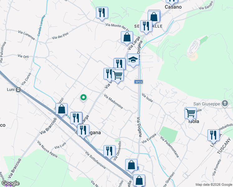 map of restaurants, bars, coffee shops, grocery stores, and more near 47 Via Madonnina in Casano-dogana-isola
