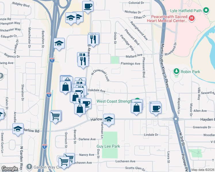 map of restaurants, bars, coffee shops, grocery stores, and more near 2846 El Toro Court in Springfield