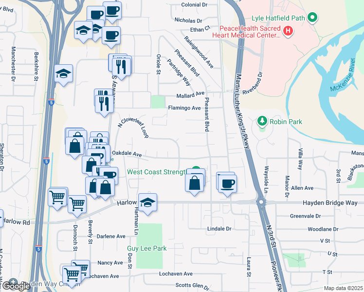 map of restaurants, bars, coffee shops, grocery stores, and more near 610 North Cloverleaf Loop in Springfield