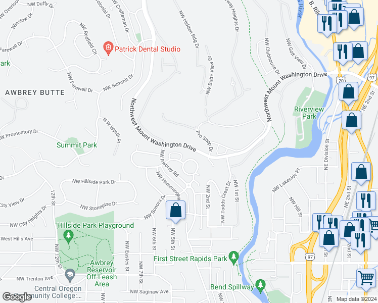 map of restaurants, bars, coffee shops, grocery stores, and more near 4995 Northwest Mount Washington Drive in Bend