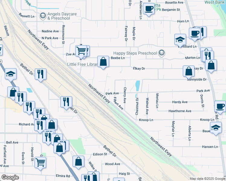 map of restaurants, bars, coffee shops, grocery stores, and more near 1421 Park Avenue in Eugene