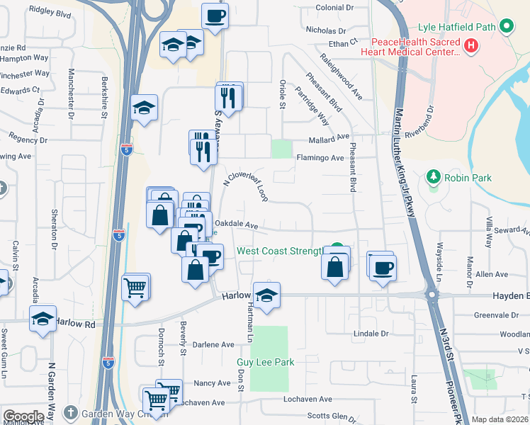 map of restaurants, bars, coffee shops, grocery stores, and more near 2846 El Toro Court in Springfield