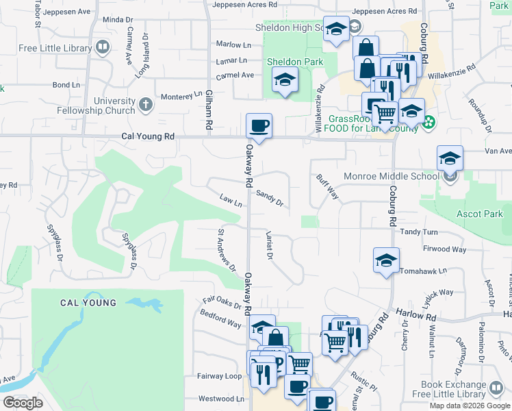 map of restaurants, bars, coffee shops, grocery stores, and more near 1097 Oakway Road in Eugene