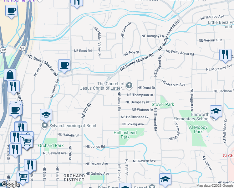 map of restaurants, bars, coffee shops, grocery stores, and more near 1205 Northeast Thompson Drive in Bend