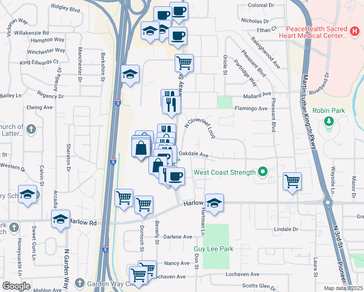 map of restaurants, bars, coffee shops, grocery stores, and more near 990 North Cloverleaf Loop in Springfield