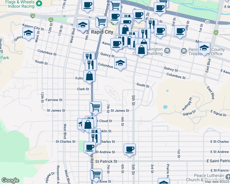 map of restaurants, bars, coffee shops, grocery stores, and more near 1211 6th Street in Rapid City