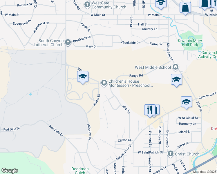 map of restaurants, bars, coffee shops, grocery stores, and more near 1205 38th Street in Rapid City