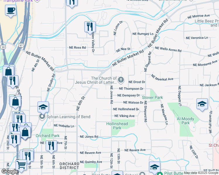 map of restaurants, bars, coffee shops, grocery stores, and more near 1205 Northeast Thompson Drive in Bend