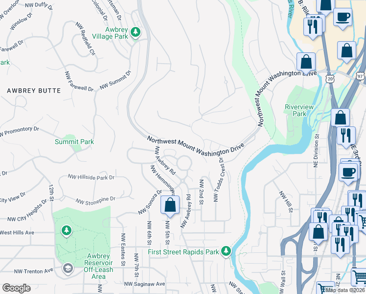 map of restaurants, bars, coffee shops, grocery stores, and more near 4995 Northwest Mount Washington Drive in Bend