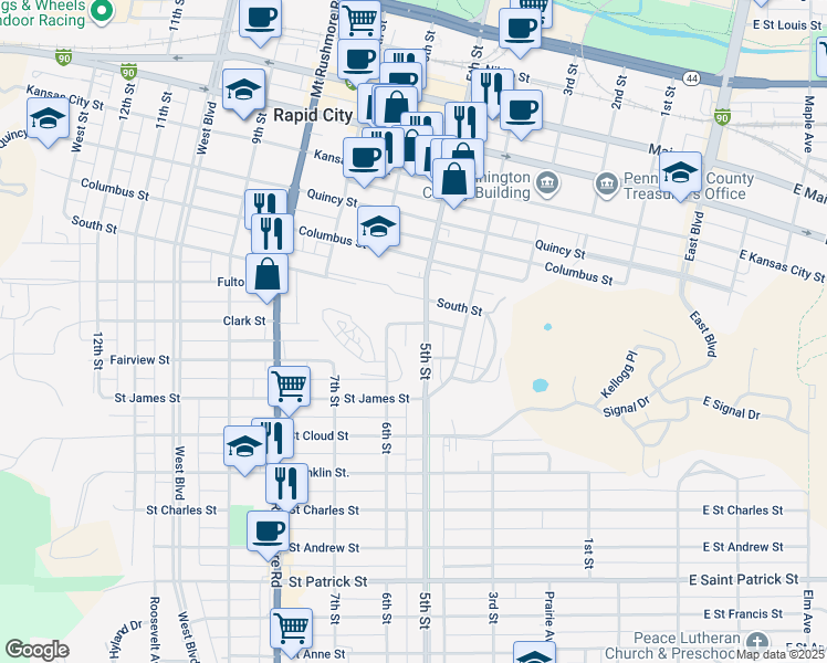 map of restaurants, bars, coffee shops, grocery stores, and more near 1205 5th Street in Rapid City