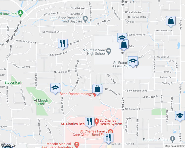 map of restaurants, bars, coffee shops, grocery stores, and more near 2588 Northeast Purcell Boulevard in Bend