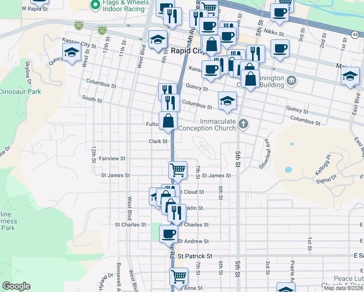 map of restaurants, bars, coffee shops, grocery stores, and more near 725 Clark Street in Rapid City