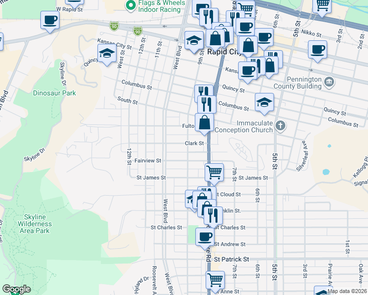 map of restaurants, bars, coffee shops, grocery stores, and more near 901 Clark Street in Rapid City