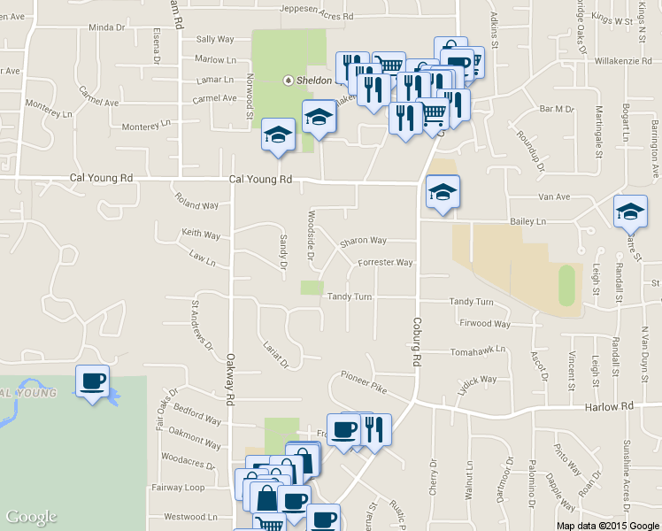 map of restaurants, bars, coffee shops, grocery stores, and more near 1061 Sharon Way in Eugene
