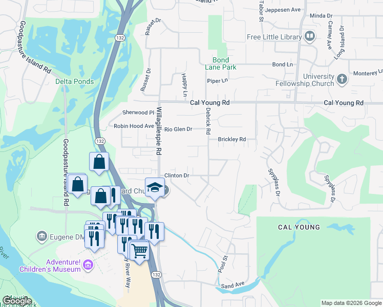 map of restaurants, bars, coffee shops, grocery stores, and more near 1146 Lorella Avenue in Eugene