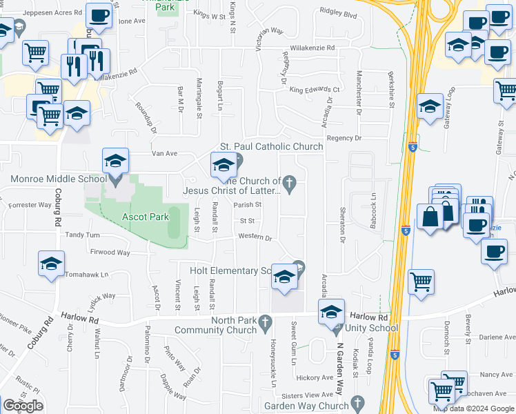 map of restaurants, bars, coffee shops, grocery stores, and more near 3492 Parish Street in Eugene