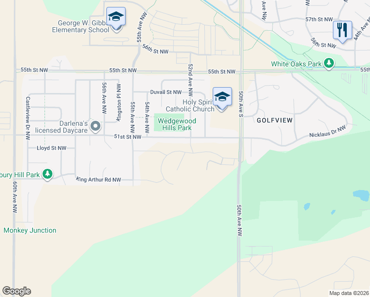 map of restaurants, bars, coffee shops, grocery stores, and more near 5246 51st Street Northwest in Rochester