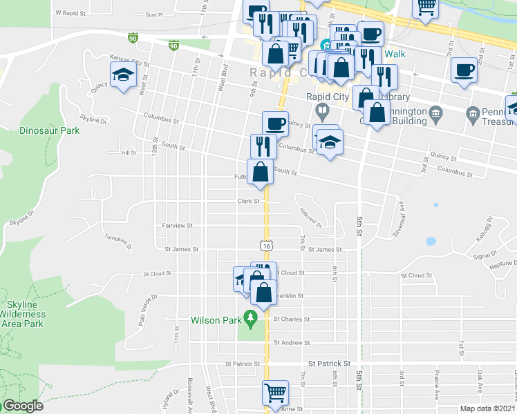 map of restaurants, bars, coffee shops, grocery stores, and more near 805 Clark Street in Rapid City