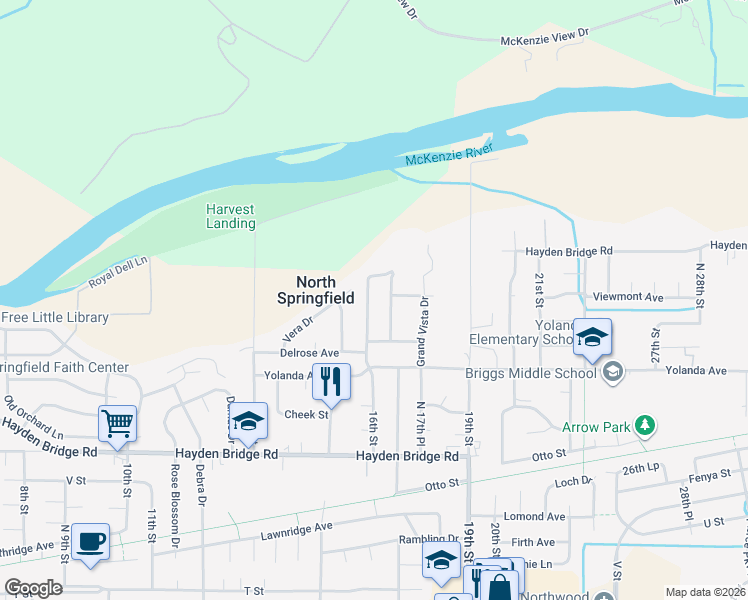 map of restaurants, bars, coffee shops, grocery stores, and more near 2594 17th Street in Springfield