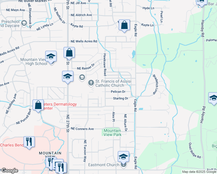 map of restaurants, bars, coffee shops, grocery stores, and more near 21339 Puffin Drive in Bend