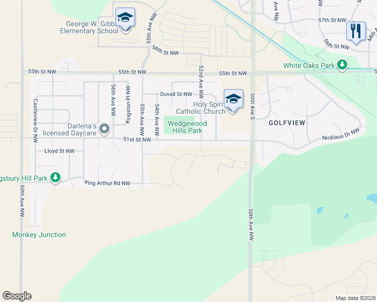 map of restaurants, bars, coffee shops, grocery stores, and more near 5246 51st Street Northwest in Rochester
