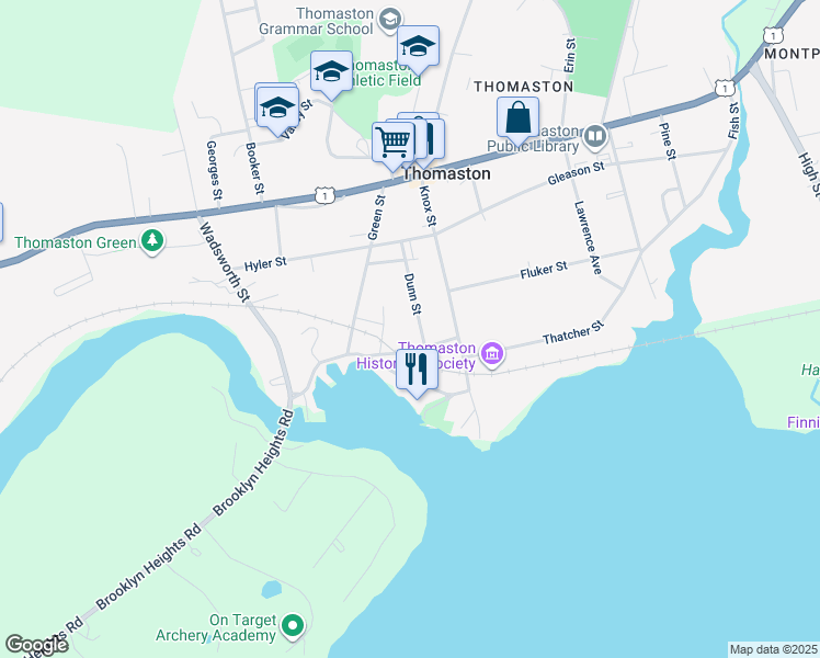 map of restaurants, bars, coffee shops, grocery stores, and more near 35 Dunn Street in Thomaston