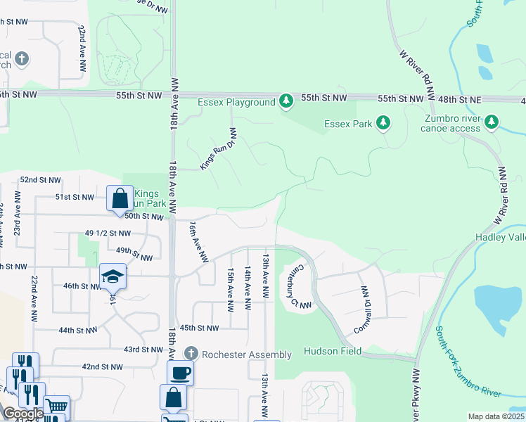 map of restaurants, bars, coffee shops, grocery stores, and more near 1309 50th Street Northwest in Rochester
