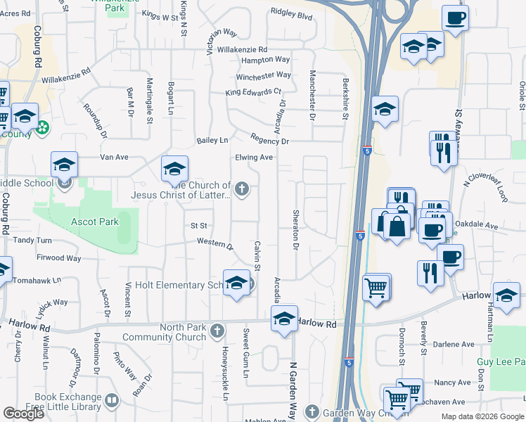 map of restaurants, bars, coffee shops, grocery stores, and more near 1109 Calvin Street in Eugene