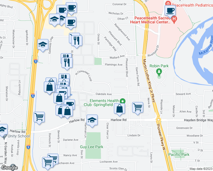 map of restaurants, bars, coffee shops, grocery stores, and more near 657 North Cloverleaf Loop in Springfield