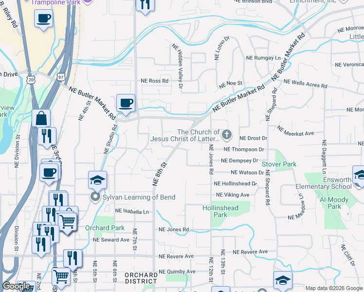 map of restaurants, bars, coffee shops, grocery stores, and more near 2464 Northeast Ravenwood Drive in Bend